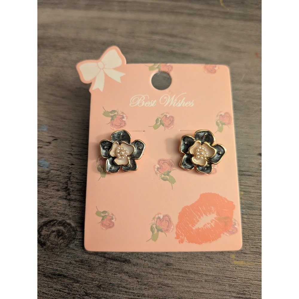 Best Wishes Floral Stud Earrings Navy Enamel Faux Pearl Gold Tone Flower Jewelry